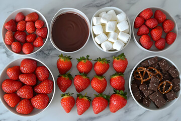 A rich chocolate fondue pot surrounded by strawberries, marshmallows, and pretzels, offering a sweet and romantic treat for two.