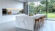 © ProPhotos - A spacious modern kitchen with a large quartz countertop island, pendant lighting overhead, and clean white cabinetry, set against a backdrop of floor-to-ceiling windows with a view of a garden.