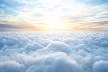 Fototapete - Soft rays of sunlight pierce through fluffy clouds, illuminating the sky and instilling a feeling of peace and inspiration at dawn