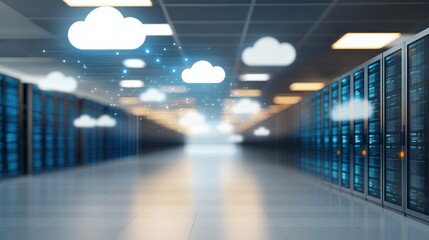 Poster - Digital clouds hover above rows of interconnected servers, showcasing dynamic data streams between them, symbolizing the power of cloud technology