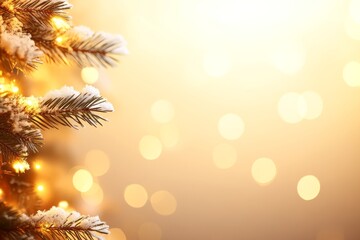 Poster - Snow-laden spruce branches glisten with holiday lights while a warm bokeh backdrop enhances the cheerful spirit, perfect for festive greetings or messages