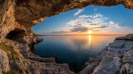 Poster - Sunlight streams through a rocky cave entrance, illuminating the rugged walls as the sea sparkles at sunset, creating a tranquil and scenic coastal view