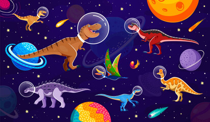 Wall Mural - cartoon dinosaur astronauts wearing helmets explore galaxy filled with planets, comets and stars. ve