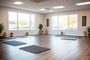 Poster - Large windows fill the bamboo-themed fitness studio with natural light, showcasing zen exercise mats and bamboo decor ideal for mindfulness and yoga sessions