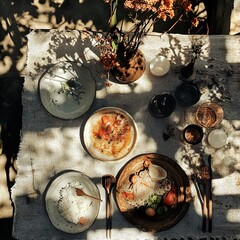 Wall Mural - Sunlit Table with Delicious Food: A Rustic Meal