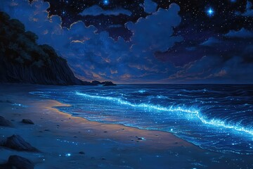 A tranquil beach scene with shimmering bioluminescent waves lighting up the dark coast under a starry sky.