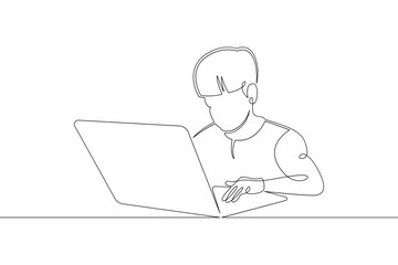 Wall Mural - A small child sits at a laptop on the Internet, plays at the computer. One continuous drawing line, logo single hand drawn art doodle isolated minimal illustration.