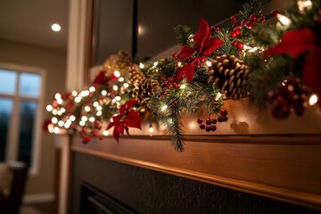 Poster - Decorative garland with pinecones and poinsettias drapes over a fireplace mantel, illuminated by cheerful holiday lights in a warm living room setting