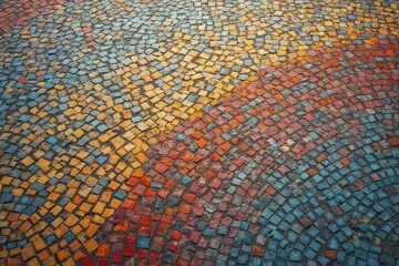 Wall Mural - Vibrant mosaic tile floor in red, orange, yellow, blue, and turquoise arranged in a dynamic pattern