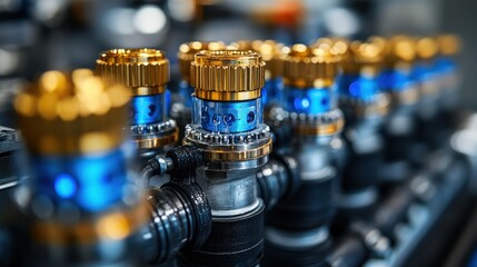 Wall Mural - Detailed Close-Up of Industrial Brass Valves with Blue and Gold Accents on Pipes in a Factory Setting, Highlighting Modern Engineering and Manufacturing Techniques