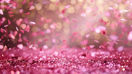 Wall Mural - Pink gold confetti flying in pink glitter festive background