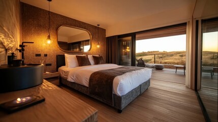 Poster - A large brass-framed mirror leans against the wall, reflecting soft light onto light wood floors and complementing a modern bedroom with minimalist decor