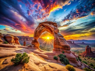 Wall Mural - Double Arches Rock Desert Sunset - Dramatic Double Exposure Landscape Photography