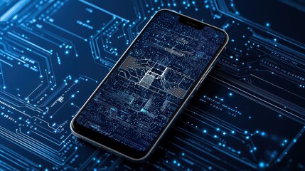A smartphone displaying a digital circuit design on its screen, set against a dark, tech-themed background of interconnected patterns.