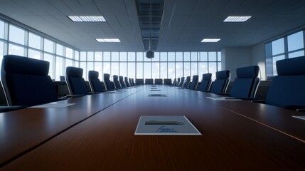 Leinwandbilder - Modern conference room designed for collaboration, showcasing a large wooden table, minimalist chairs, and abundant natural light from expansive windows