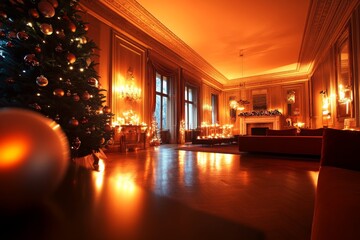 Aufkleber - The dimly lit Victorian living room boasts an antique fireplace and a dark blue Christmas tree with silver ornaments and candles, exuding a cozy vibe