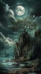 Canvas Print - Mystical Moonlight Landscape: A Solitary Tree on a Cliffside