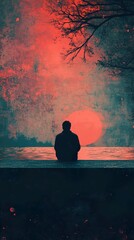 Wall Mural - Solitude by the Water: A Contemplative Sunset Scene