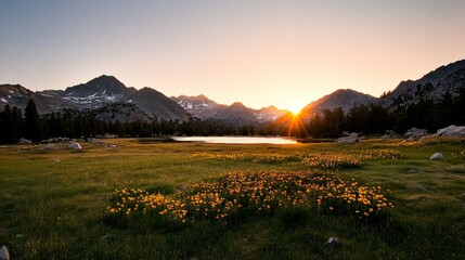 Aufkleber - High-altitude meadow teems with vibrant wildflowers, bordered by majestic snow-capped mountains and a still alpine lake reflecting the golden light of sunset