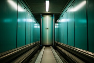 Aufkleber - This wide-angle shot captures a futuristic data storage facility with a central glowing vault door surrounded by smooth metal walls and neon blue lighting