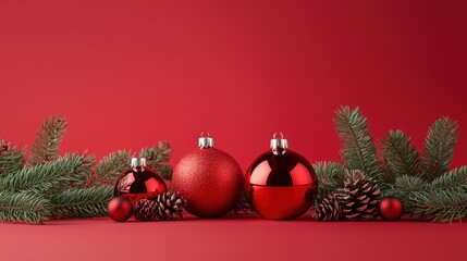 Wall Mural - festive christmas decorations with red ornaments and pinecones