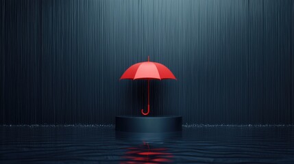 Wall Mural - Red umbrella in a serene rain backdrop