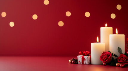 Wall Mural - cozy holiday decoration with candles and festive gifts