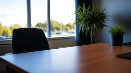 Fototapete - This modern office showcases a sleek desk and ergonomic chair illuminated by natural light from a large window, complemented by a lively potted plant for freshness