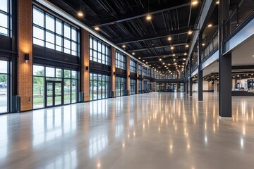 Leinwandbilder - Large industrial space features ample natural light from large windows, highlighting exposed brick and concrete. Ideal setting for events, gatherings, or exhibitions