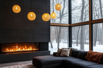 Leinwandbilder - Sleek furniture enhances a modern living room with a warm fireplace and large windows, capturing a serene winter view while providing ample copy space