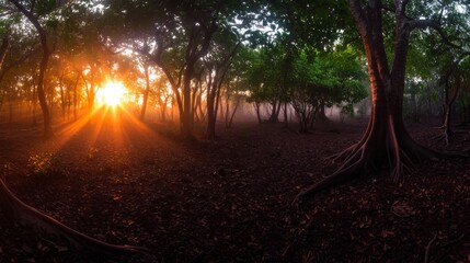 Poster - Serene dawn breaks through the trees, casting soft beams of light onto the forest floor, creating a peaceful energy and a sense of tranquility