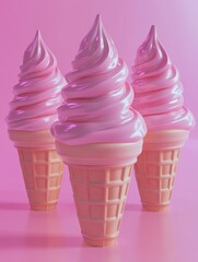 Poster - Three Ice Cream Cones Pink Frosting Background