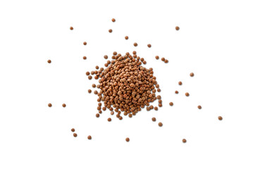 Closeup of a pile of organic uncooked lentils isolated on a transparent background without shadow from above, top view