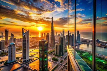 Wall Mural - Kuwait City Skyline Sunset Macro Photography: Stunning Golden Hour Cityscape