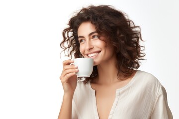 Wall Mural - Woman holding a coffee drinking portrait smiling.