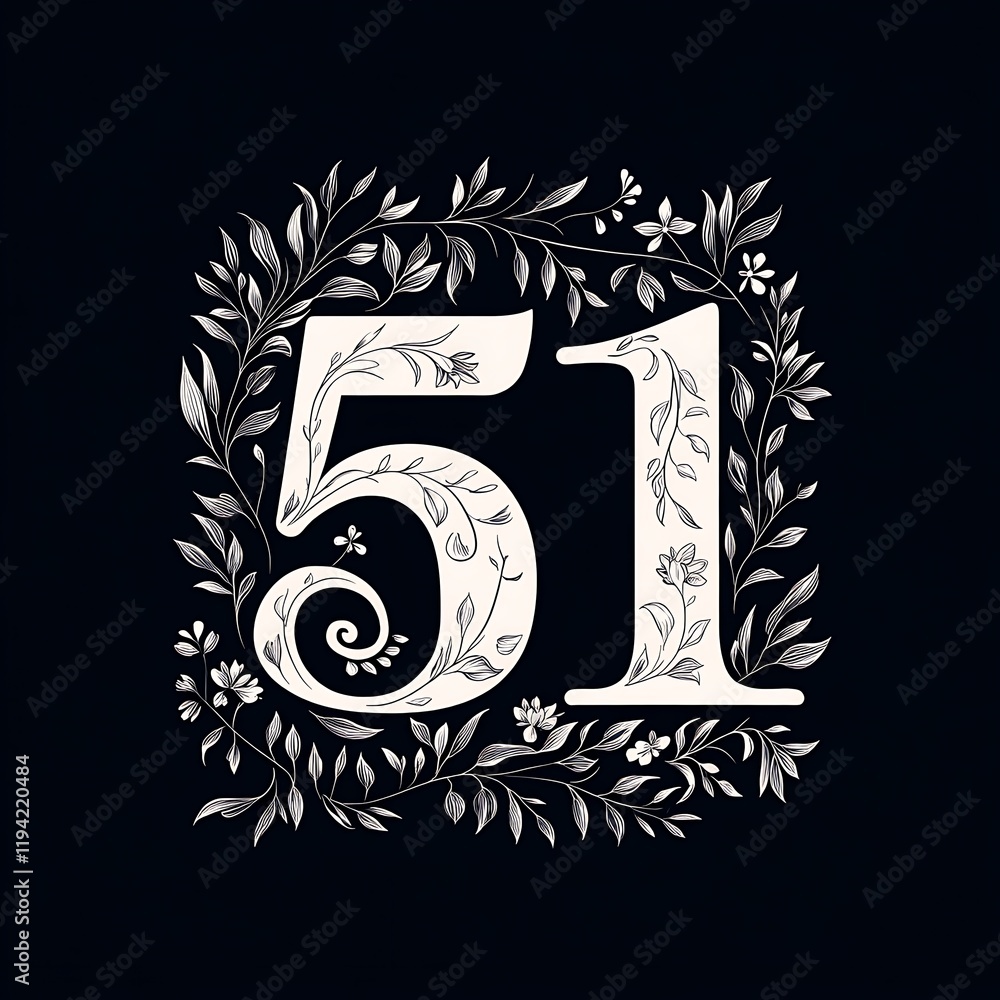 Elegant Swirling Number 51 Surrounded by Graceful Floral Illustrations ...