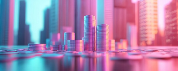 Wall Mural - a vibrant cityscape with stacks of coins, reflecting a modern economic theme, highlighting finance a