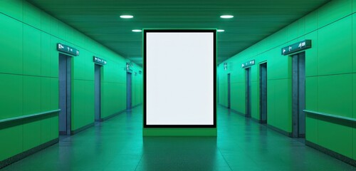 Wall Mural - Vertical ad billboard mockup in wide airport corridor, warm beige tones, clean layout.