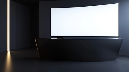 Wall Mural - Black curved reception desk with white screen in modern dark room with soft lighting, side view.