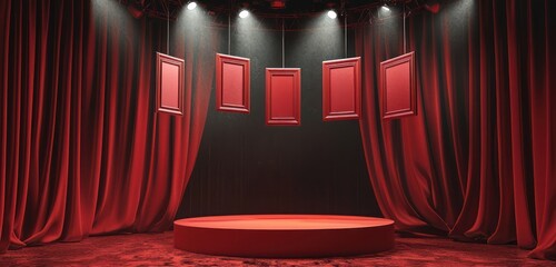 Wall Mural - Striking shadows cast by spotlights on a red podium with vacant frames above.