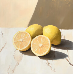 Wall Mural - artistic painting of lemons on a marble surface, visible brush strokes, warm beige and terra cotta tones, and a minimalist background. emphasize the natural textures of the fruit and marble