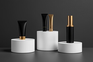 Wall Mural - Dark gray background, white pedestals show black cosmetics, golden tube included.