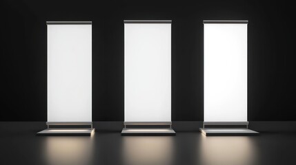 Wall Mural - Front view of glowing roll-up banners with sleek designs in a darkened space.