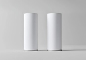 Wall Mural - Two white roll-up banners on gray background, front view, realistic mockup design.