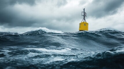 Wall Mural - Yellow Buoy in Stormy Ocean Waves Dramatic Seascape
