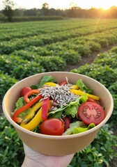 Wall Mural - Fresh salad bowl with sunflowers on a farm at sunset