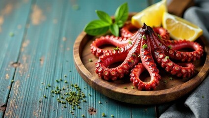 Wall Mural - Grilled Octopus with Lemon and Herbs on Rustic Wooden Plate