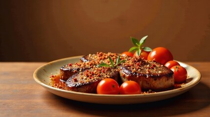 Wall Mural - Delicious Grilled Filet Mignons with Herb Garnish and Roasted Cherry Tomatoes on a Rustic Wooden Table