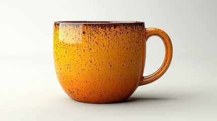 Orange speckled ceramic mug on white background.