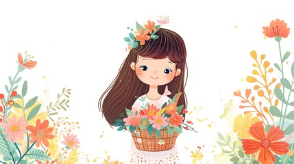 Wall Mural - A sweet cartoon girl holding a basket full of freshly picked spring flowers, surrounded by soft pastel tones and intricate details, set on a plain white background. 8k UHD, suitable for high-quality 